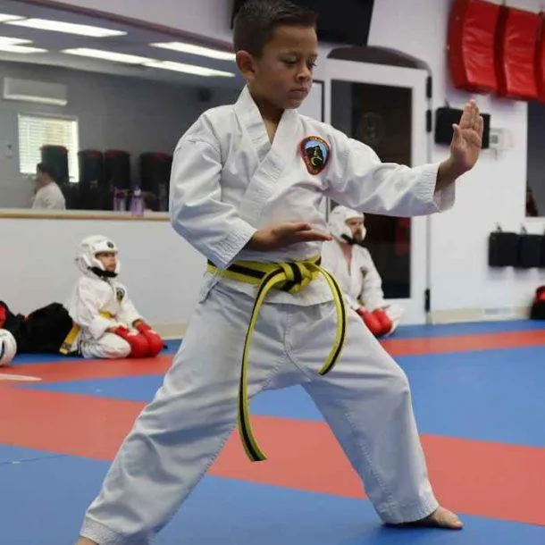 Boy performing solo kata with focused concentration